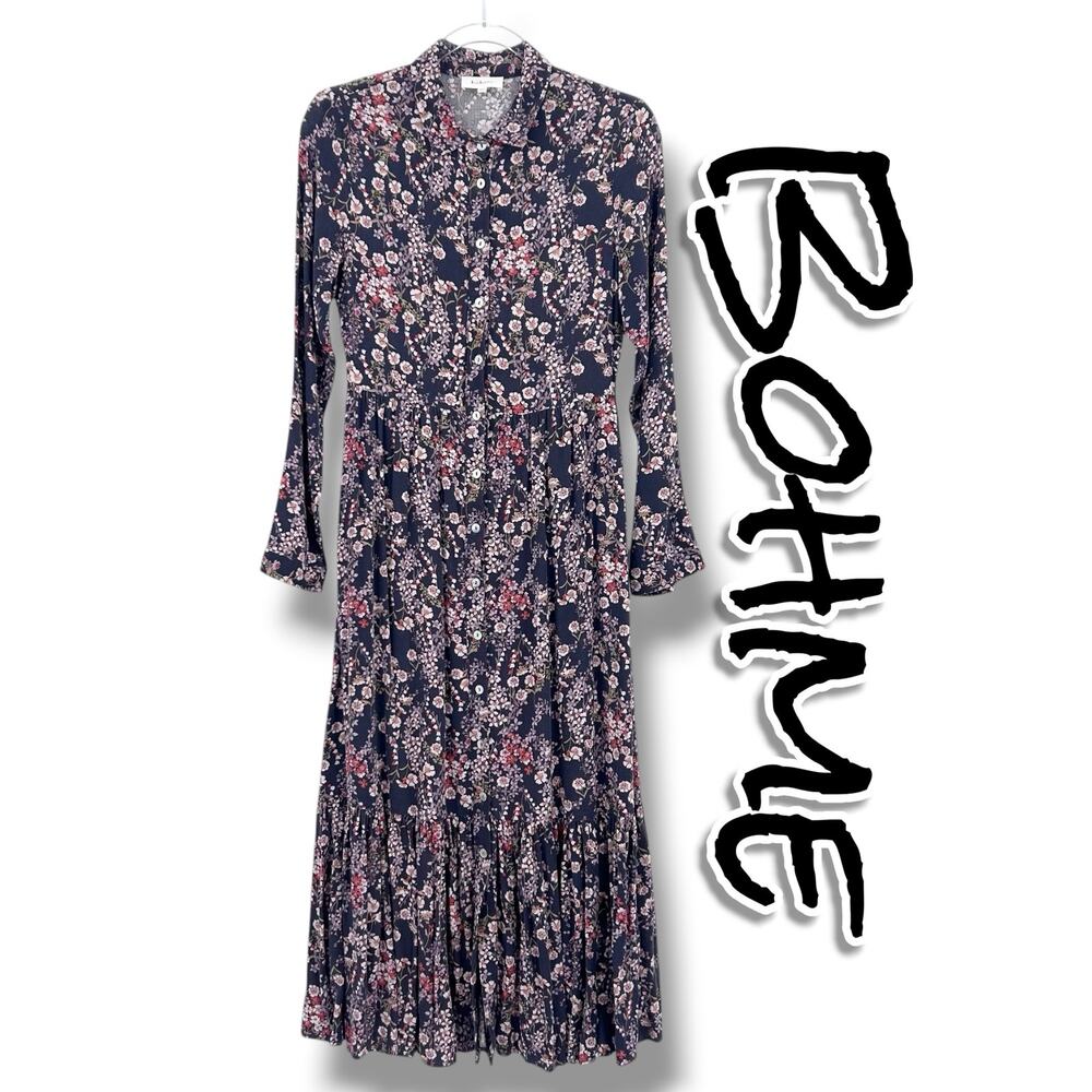 Böhme Floral Button Front Midi Dress XS Navy Pink Long Sleeve Cottagecore Boho